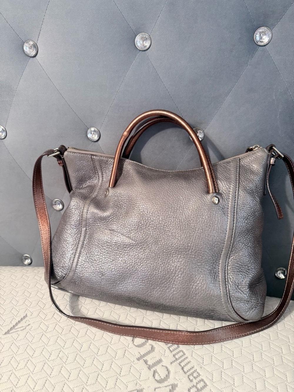 kate spade Metallic Gray Satchel with Brown Handles and Shoulder Strap - Picture 5 of 11